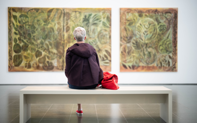 A person looking at two paintings.